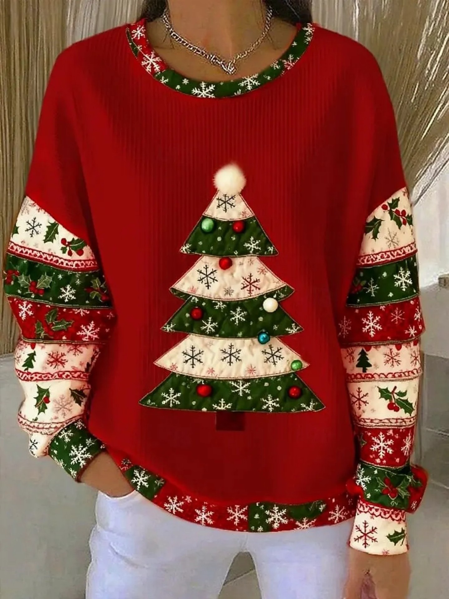 Women's Christmas Bow Plaid Print Crewneck Sweatshirt