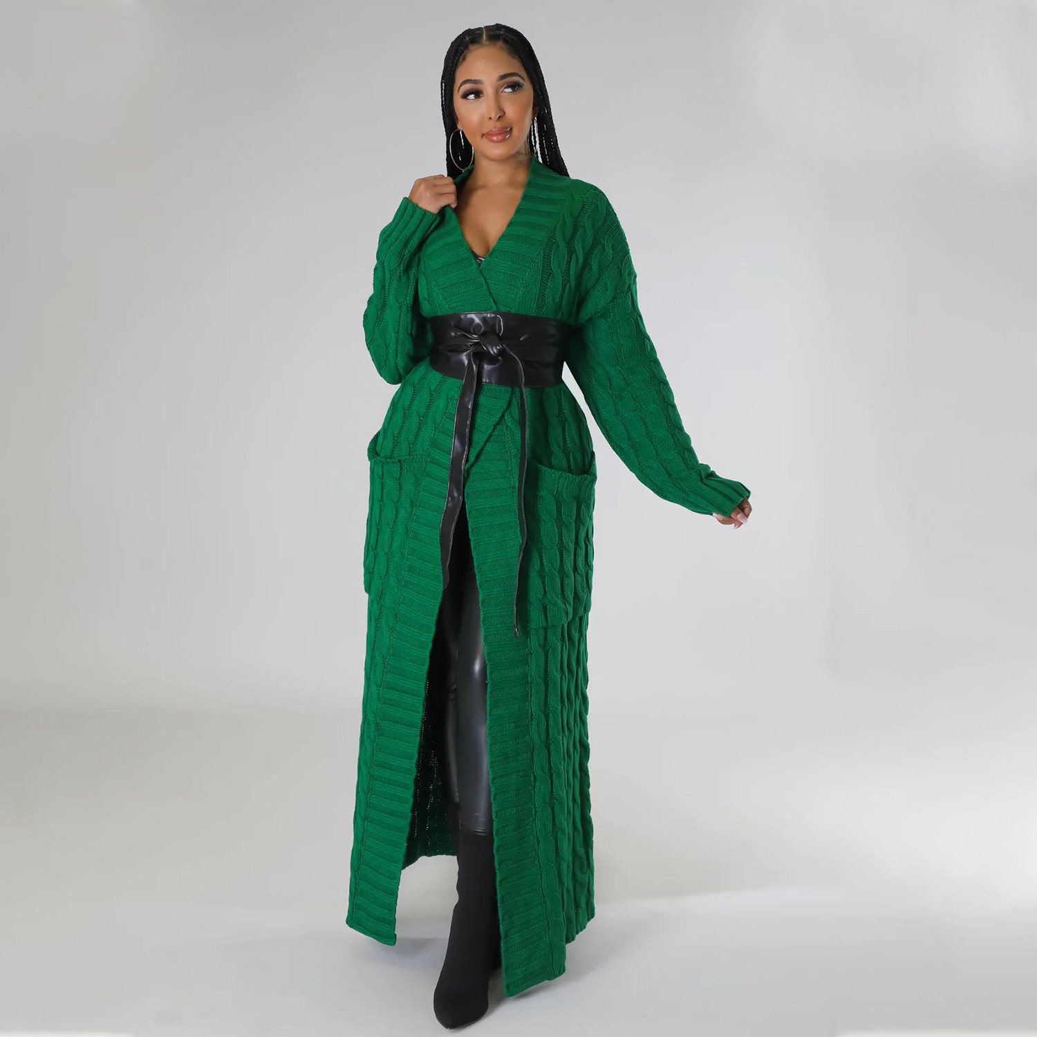 Cable-Knit Open-Front Long Cardigan with Pockets