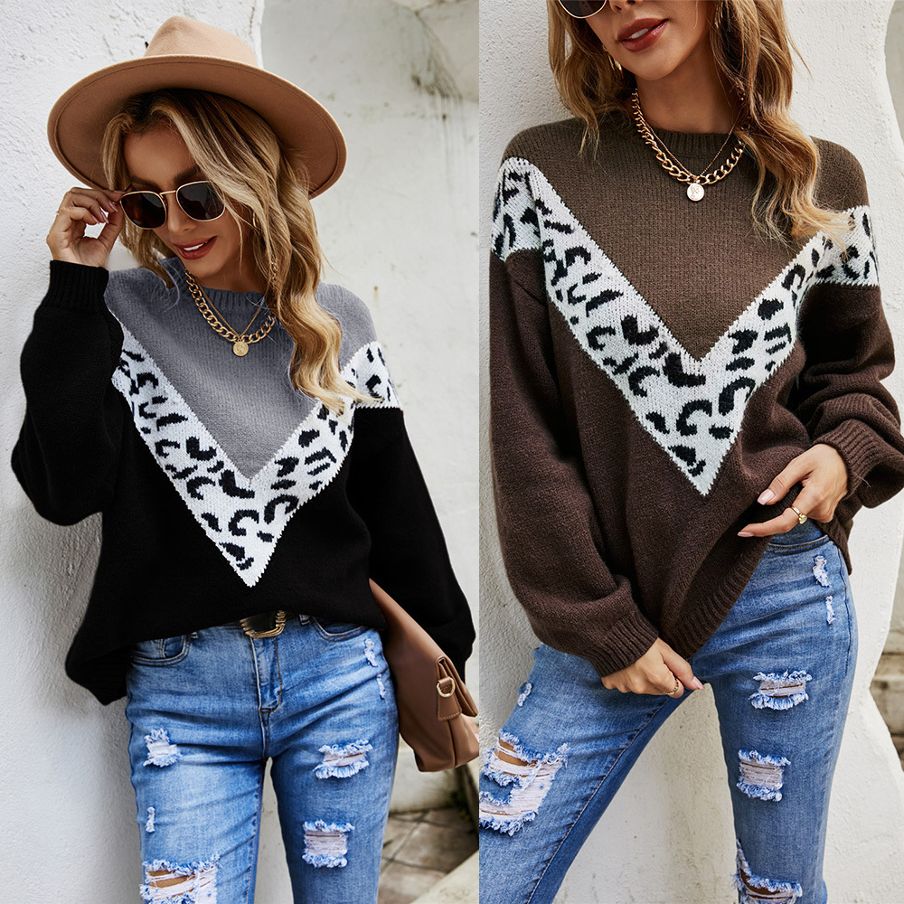 Leopard Print Crewneck Pullover Knit Sweater