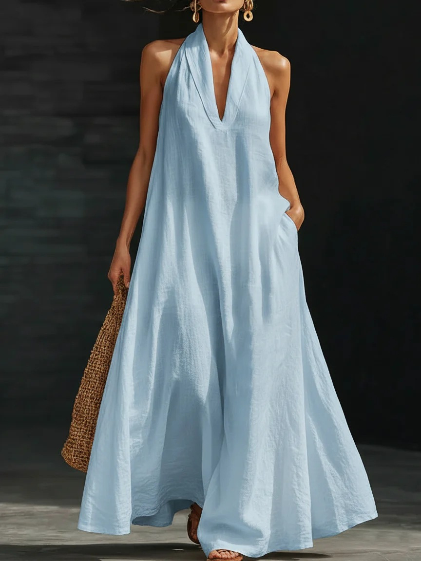 Women's Casual Solid V-Neck Long Dress