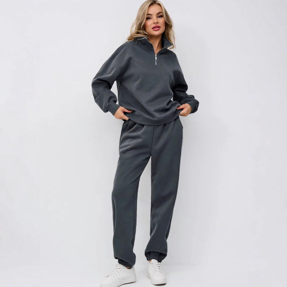 Half-Open Collar Long Sleeve Oversize Hoodie and Drawstring Sweatpants Set