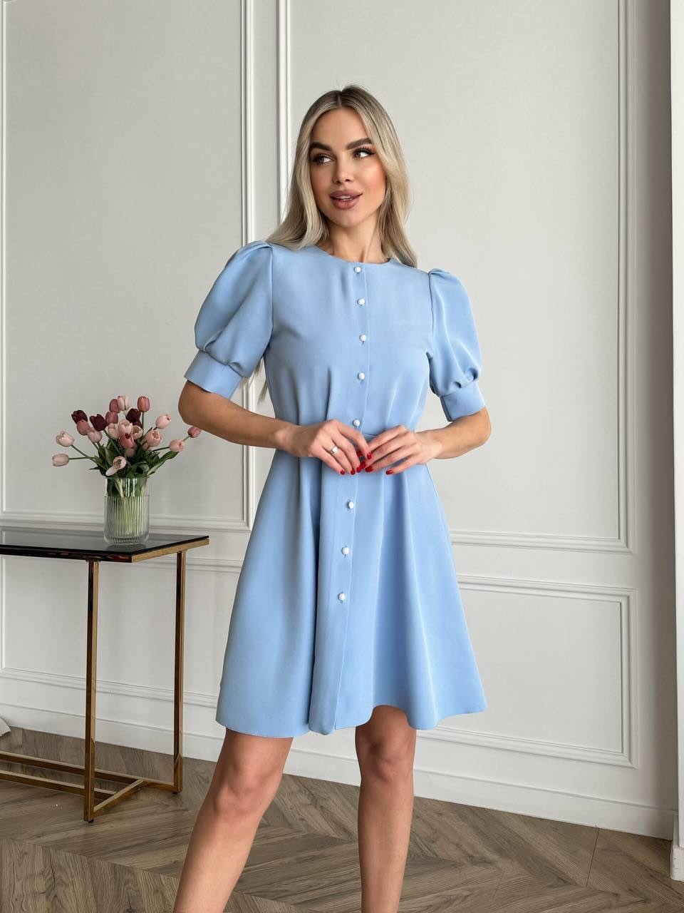 Round Neck Waist-Cinching Ruffle Short Sleeve Dress