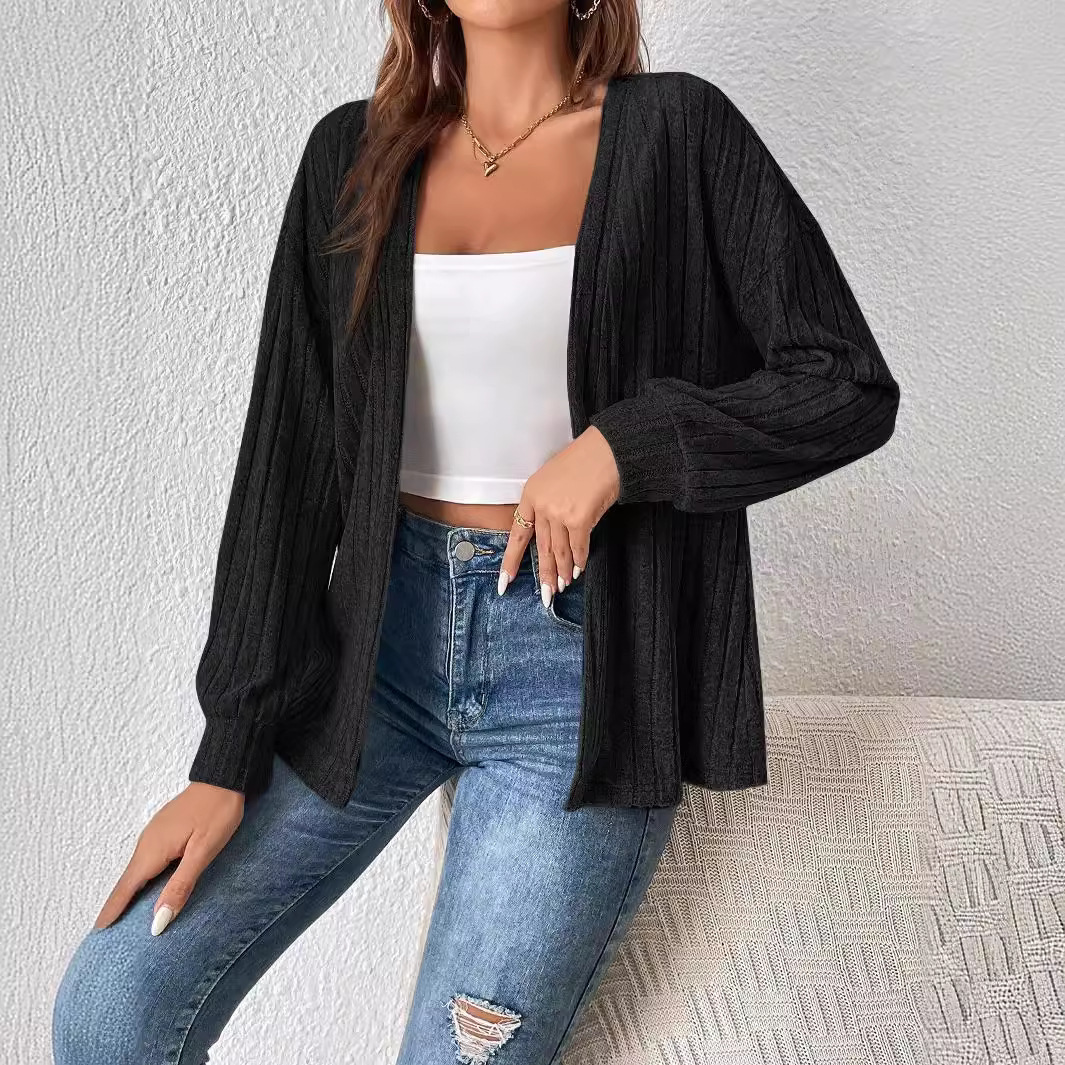 Ribbed Brushed Solid Color Open-Front Cardigan Jacket for Women