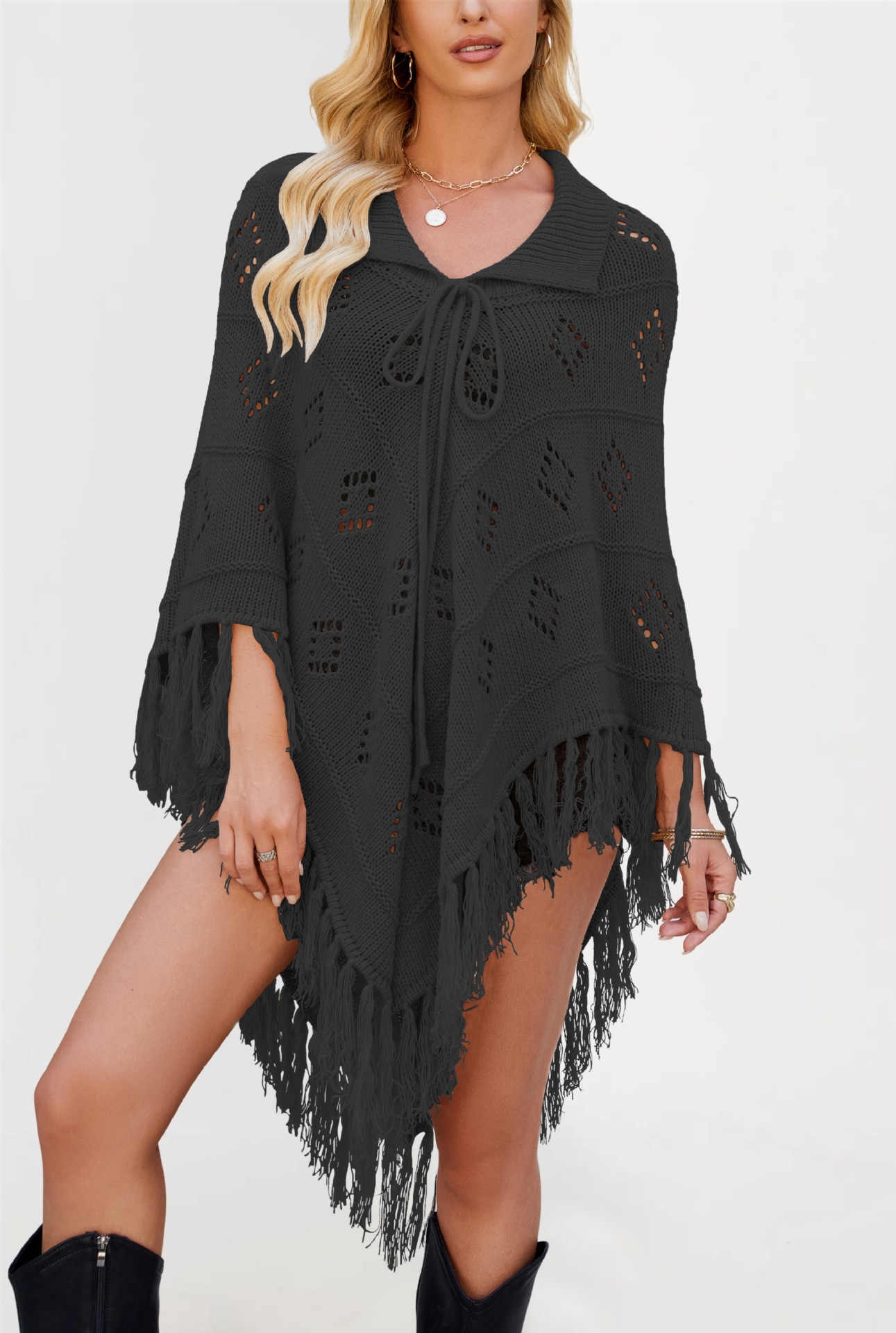 Fringed Knit Cape Sweater with Funnel Neck