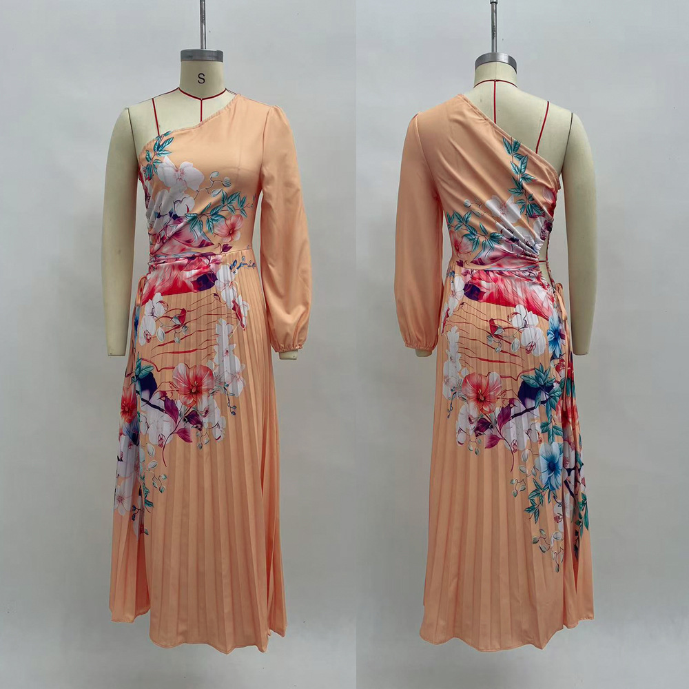 Floral Print Pleated High-Waist Asymmetric Neck Long Dress