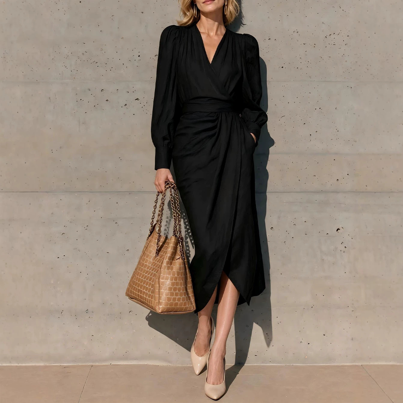 Women's Solid V-Neck Long Sleeve A-Line Midi Dress with Tie Waist