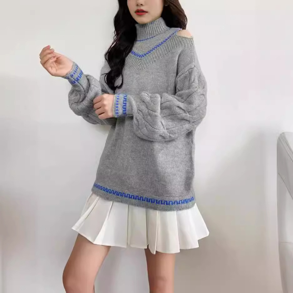 Women's Turtleneck Cold-Shoulder Wool Sweater