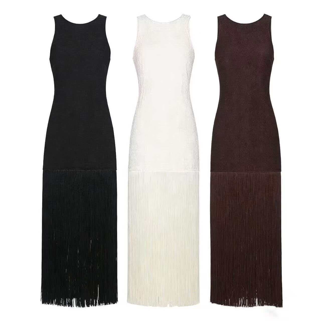 Women's Sleeveless Round Neck Fringe Bodycon Midi Dress
