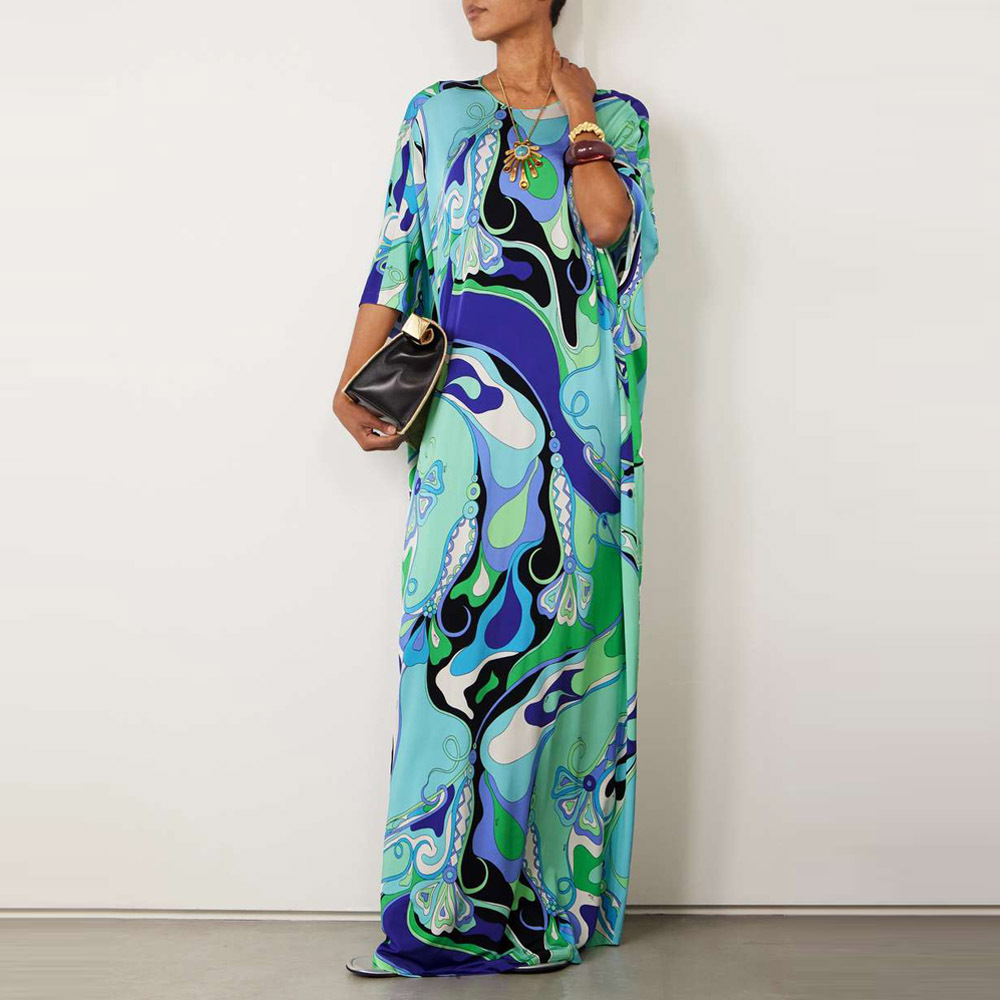 Women's Printed Backless Tie Dress Loose Casual Long Dress