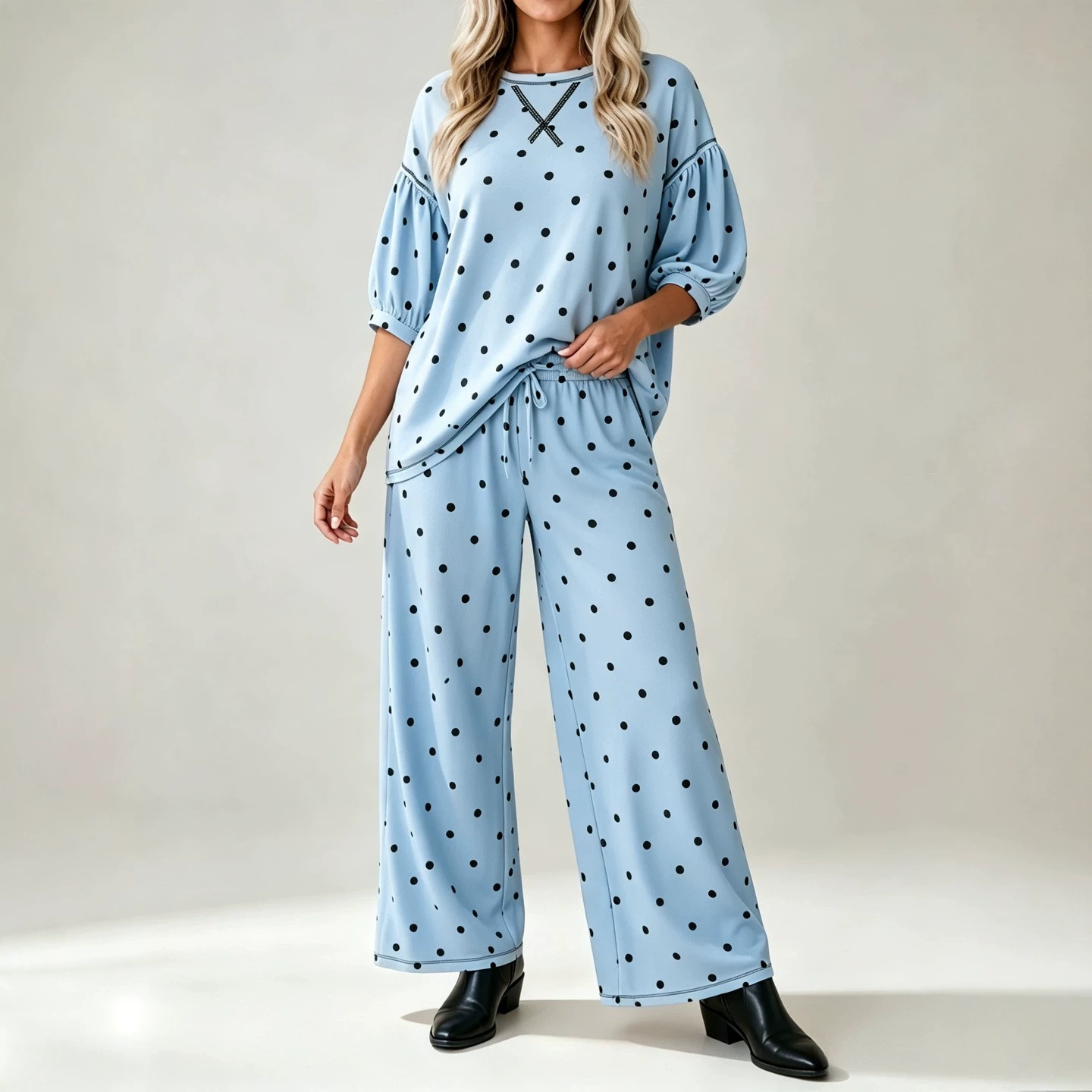 Women's Polka Dot Print Tie-Waist Wide-Leg Two-Piece Set