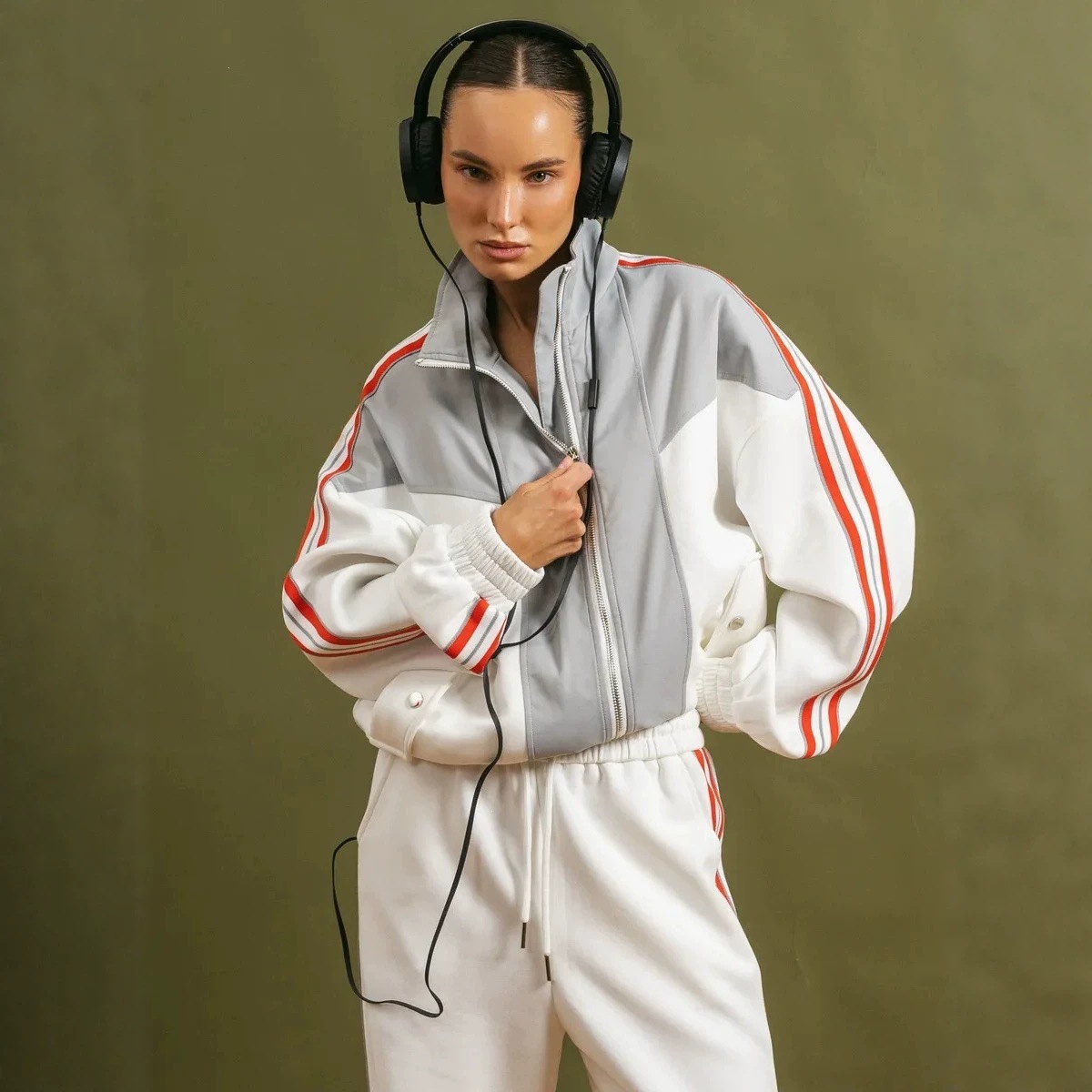 Women's Color-Block Side-Stripe Zip-Up Tracksuit with Drawstring Waist Wide-Leg Pants