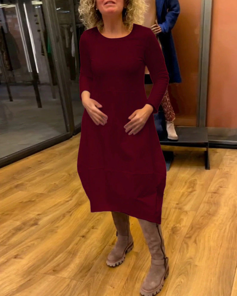 Women's Solid Color Round Neck Long Sleeve Maxi Dress