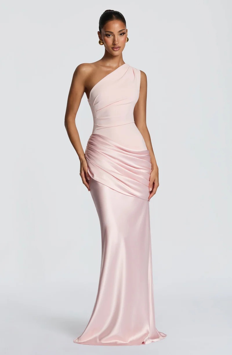 One-Shoulder Ruched Satin Bodycon Maxi Dress