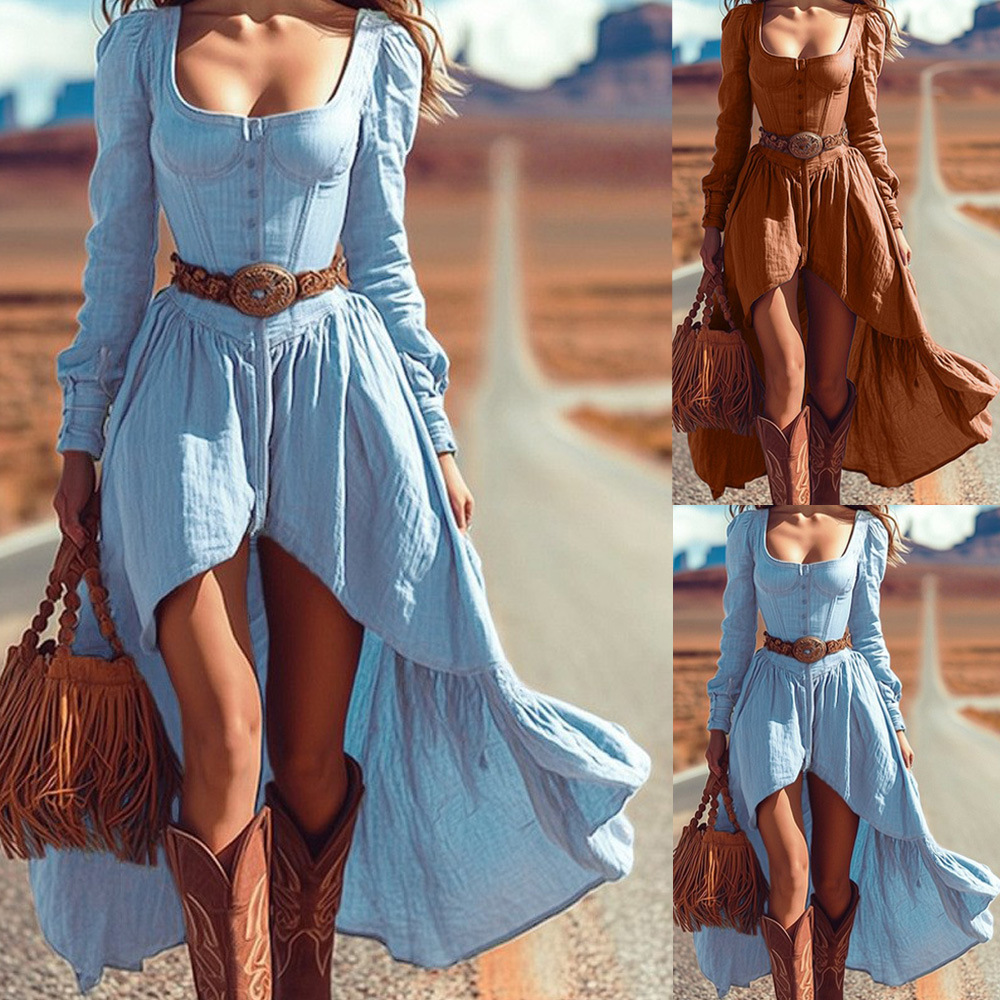 Women's Vintage Western Long Sleeve Solid Dress