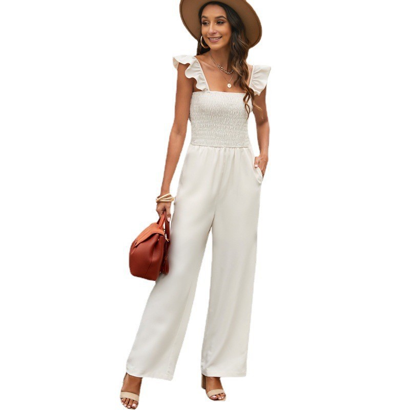 Smocked Sleeveless Wide-Leg Jumpsuit Solid Color High Waist