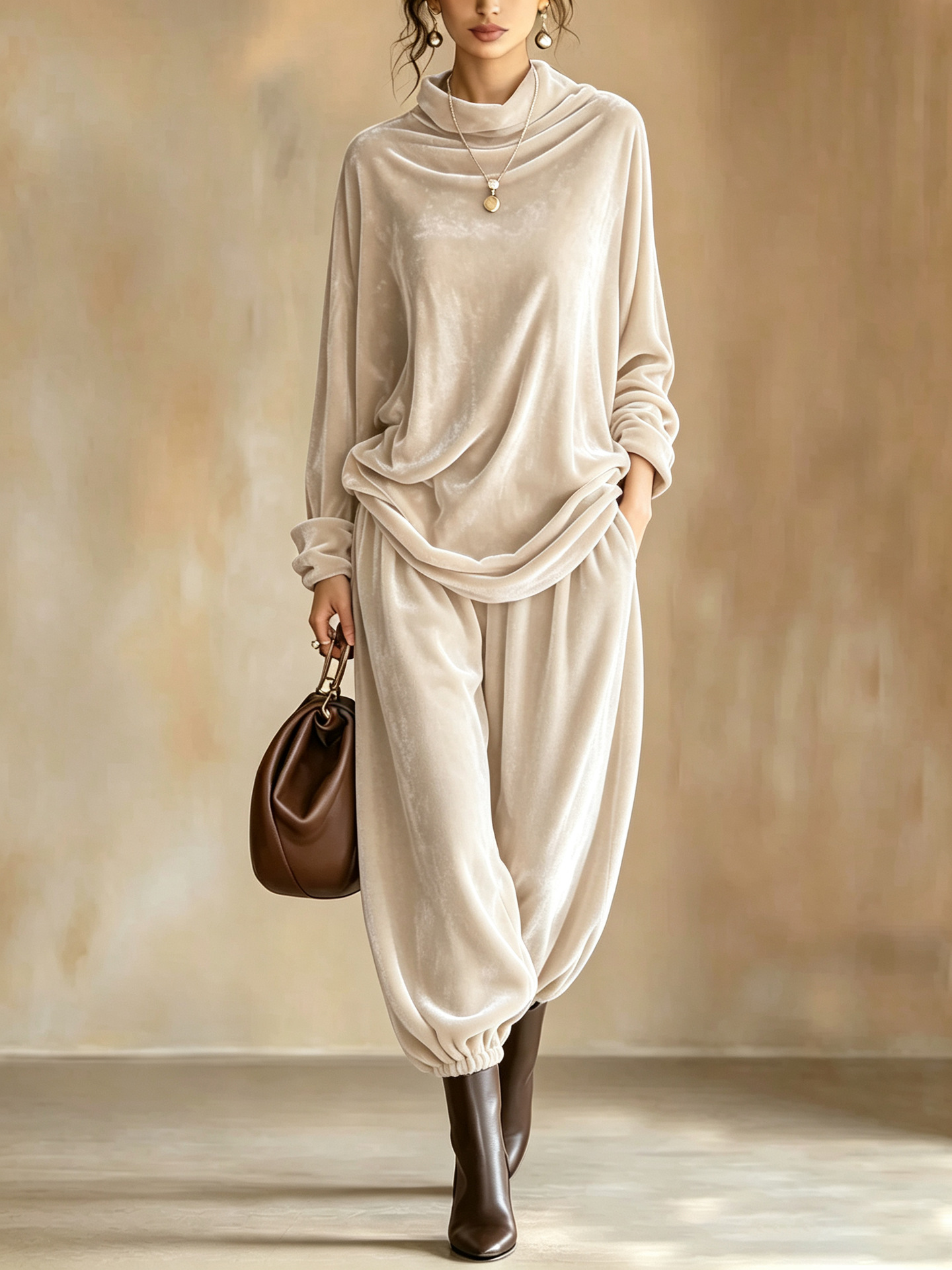 Women's Velvet Two-Piece Set with Cowl Neck Top and Harem Pants