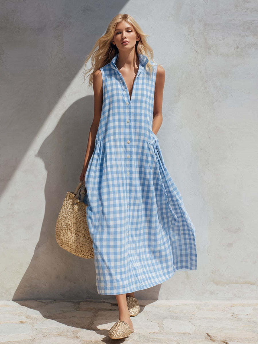 Sleeveless Plaid Maxi Dress Loose Vacation Beach