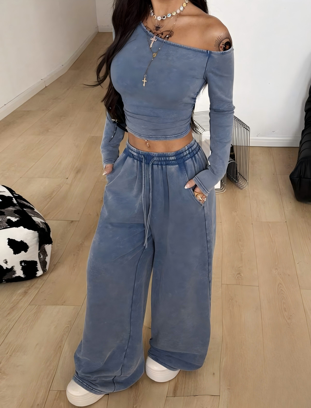 Washed Off-Shoulder Top & Wide-Leg Pants Lounge Set