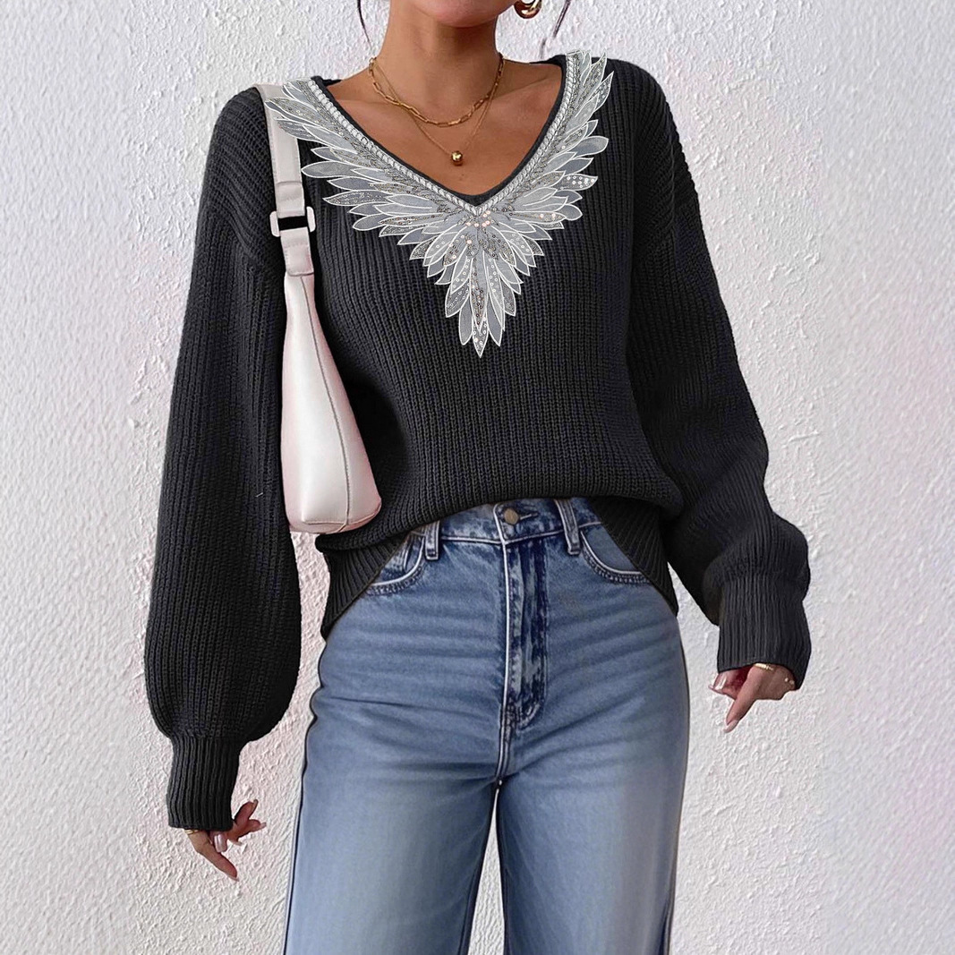 Sequin Bow V-Neck Pullover Sweater Loose Fit Long Sleeve
