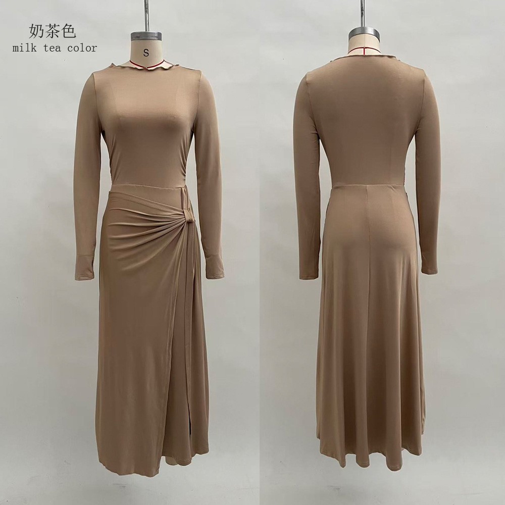 Women's Solid Wrap Long Dress with Knot Detail Long Sleeve