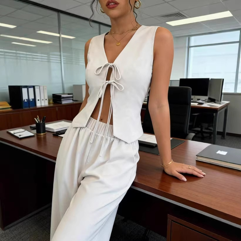 Women's Open-Front Tie Vest & Pants Lounge Set Hollow-Out Relaxed Fit
