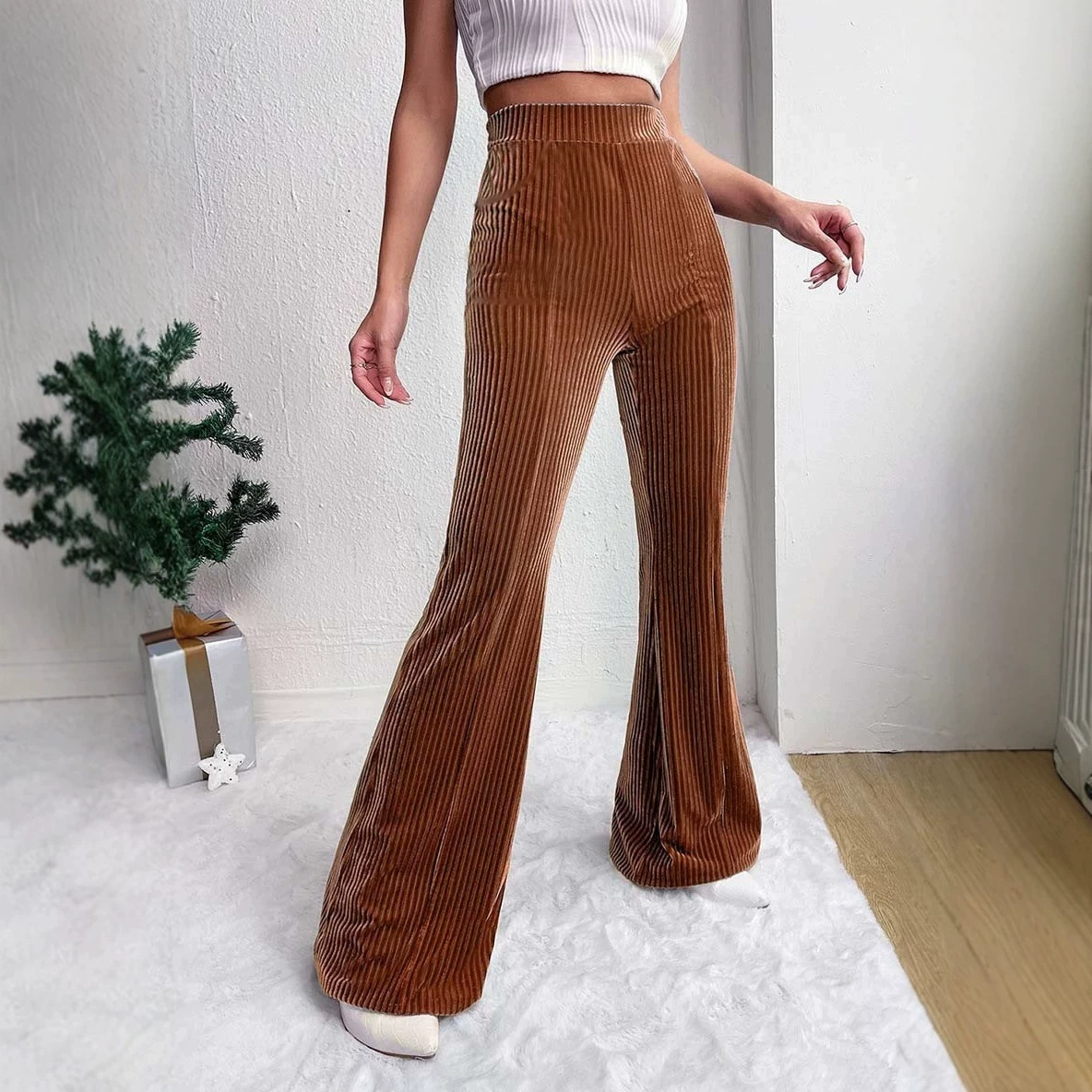 Women's High-Waist Corduroy Flare Pants Solid Color Wide-Leg Casual