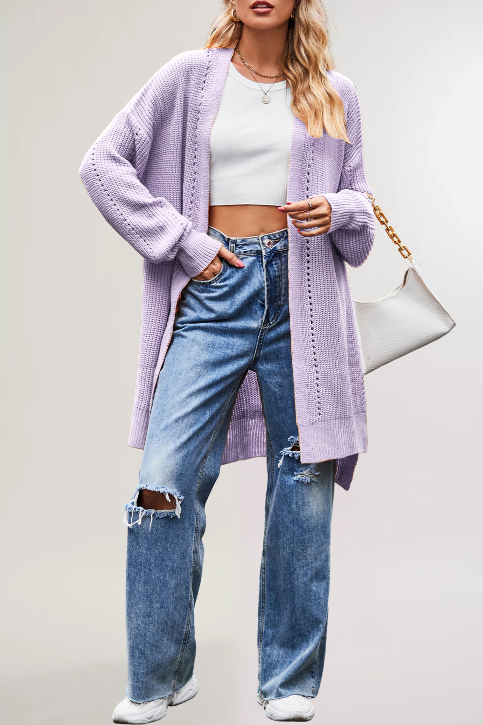 Women's Solid Color Loose Knit Cardigan with Pockets