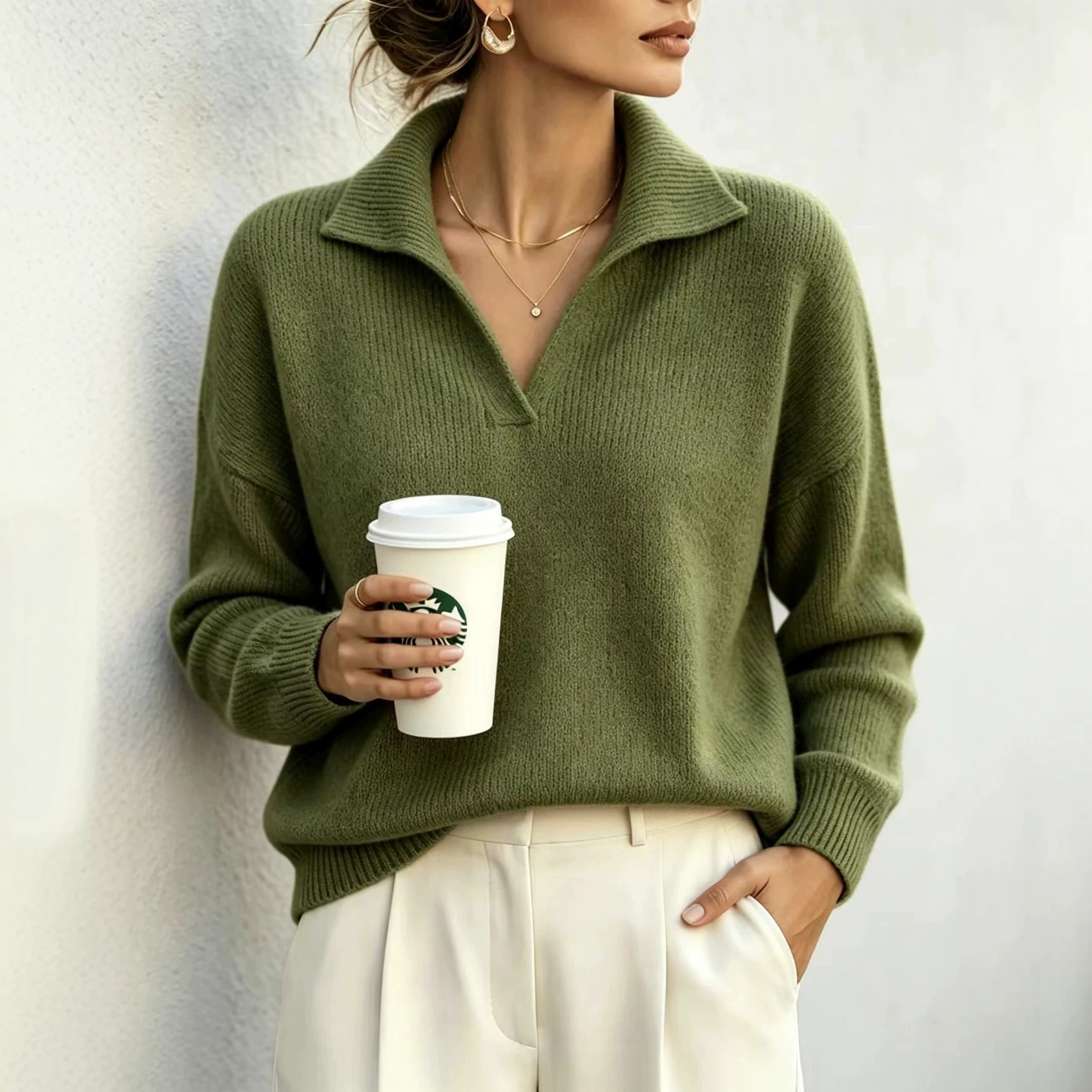 V-Neck Pullover Sweater Top Elegant Commuter Style Women's