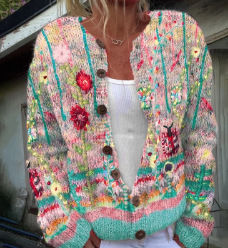 Women's Christmas Snowflake Reindeer Print Button Cardigan Sweater