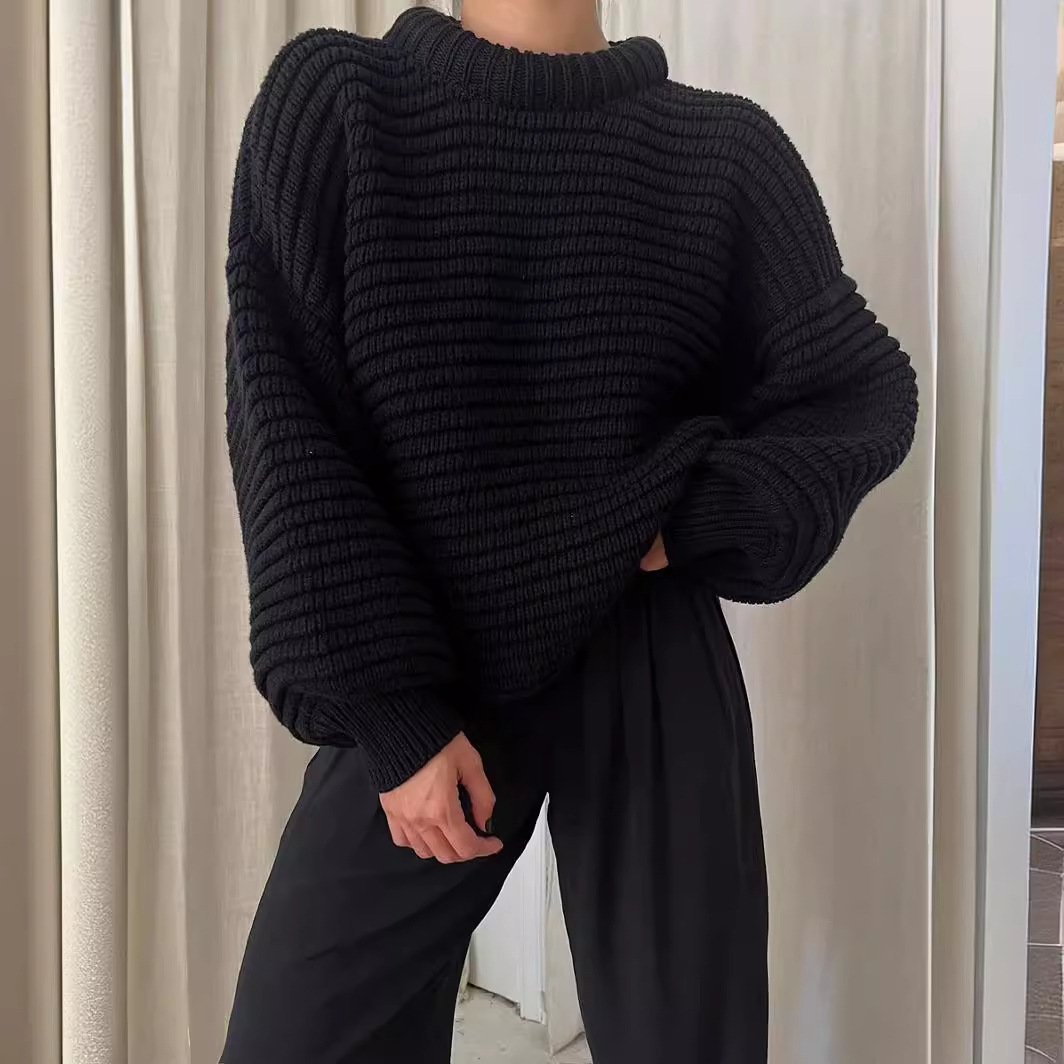 Striped & Solid Pullover Knit Sweater with Half Turtleneck