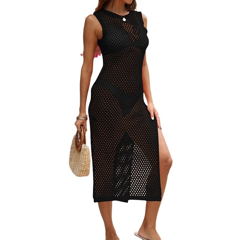 Openwork Knit Backless Sleeveless Long Beach Cover-Up