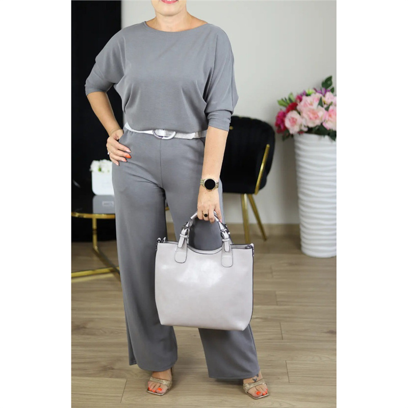 Women's 3-Piece Solid Crewneck Long-Sleeve Top Belted Pants Set
