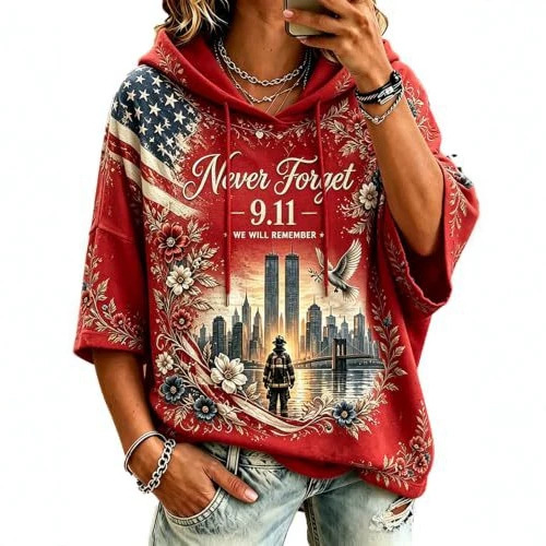 Women's Casual Hoodie with American Twin Towers Print