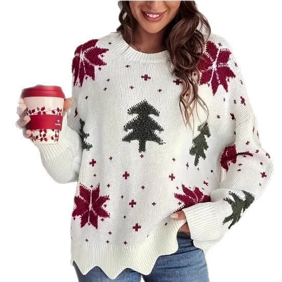 Snowflake Christmas Tree Print Crewneck Knit Sweater