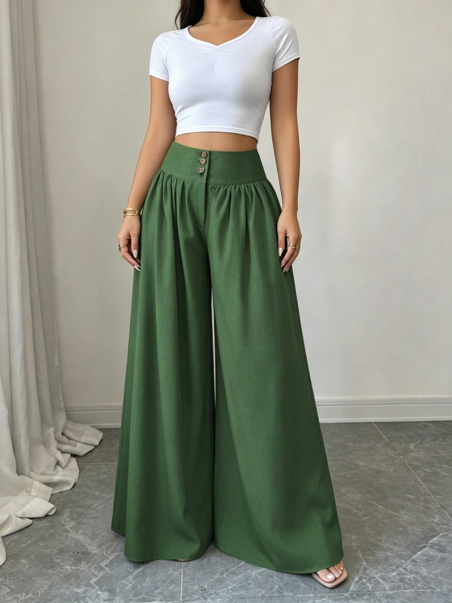 High-Waist Three-Button Wide-Leg Drapey Pants