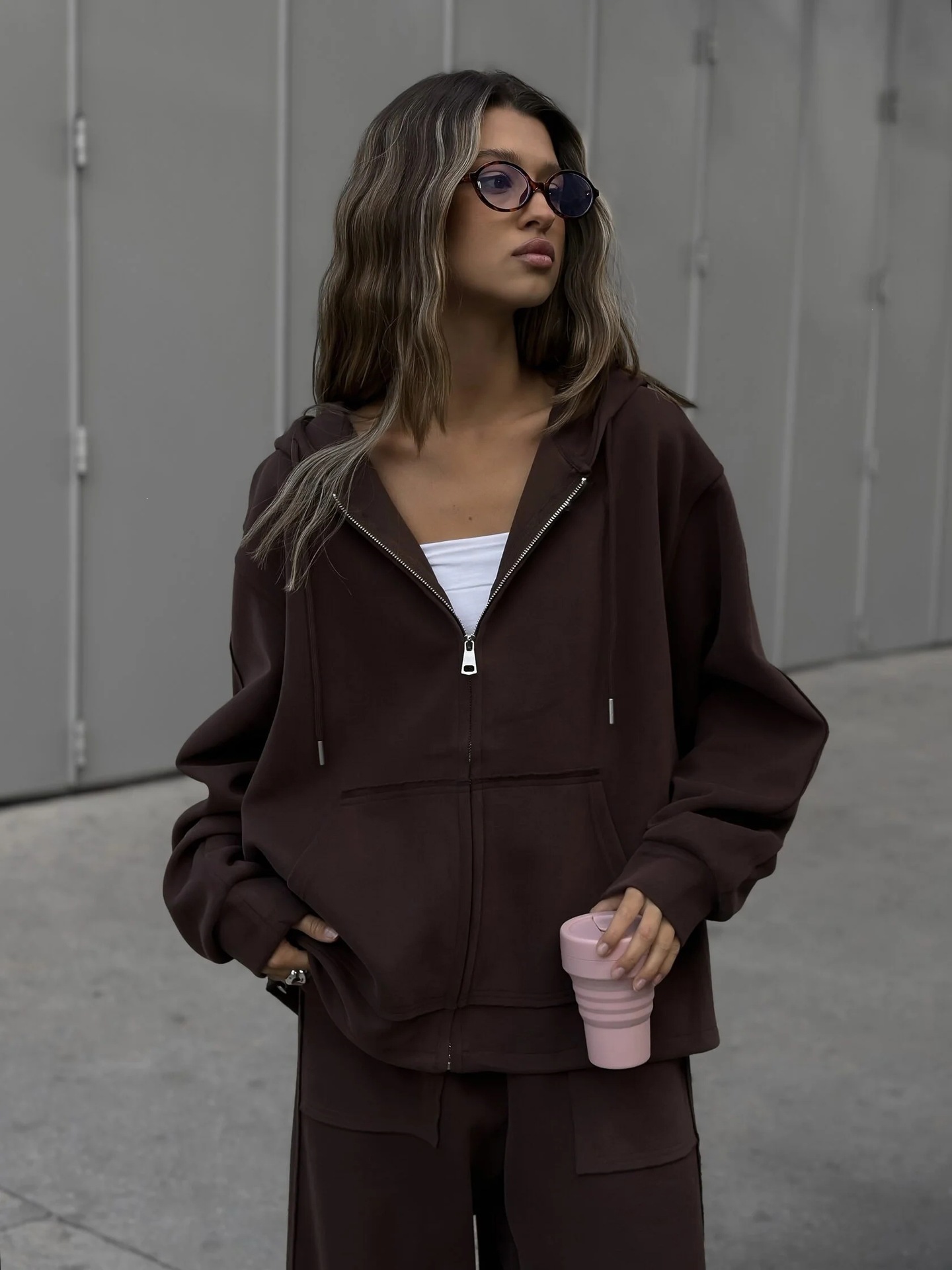 Solid Color Zip-Up Hoodie and Wide-Leg Drawstring Pants Two-Piece Set
