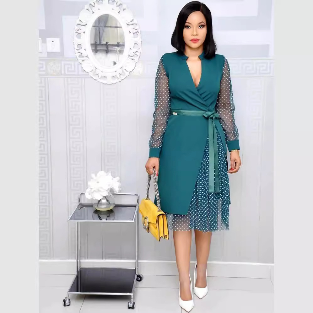 Women's V-Neck Polka Dot Mesh Panel Slit Dress