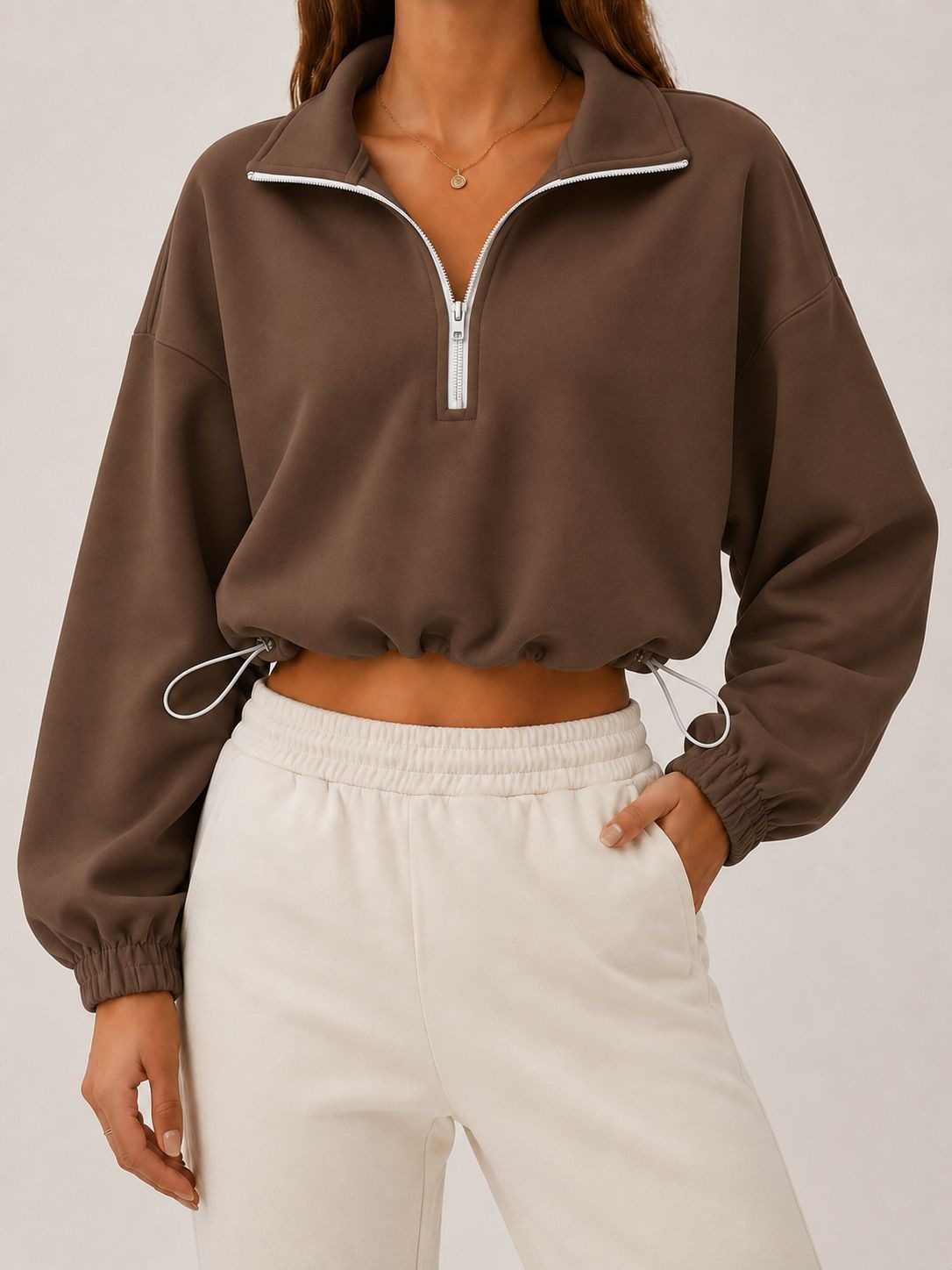 Women's Solid Half-Zip Collared Cropped Hoodie with Drawstring Waist