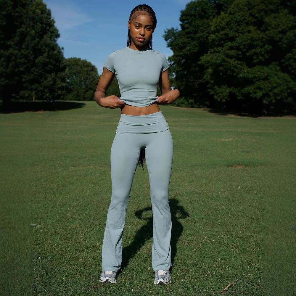 Women's Casual Solid Color Slim Fit Short Sleeve Long Pants Set