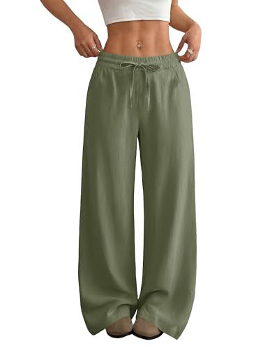 Women's Linen Wide-Leg High-Waist Pants Solid Color Casual Beach Vacation Trousers
