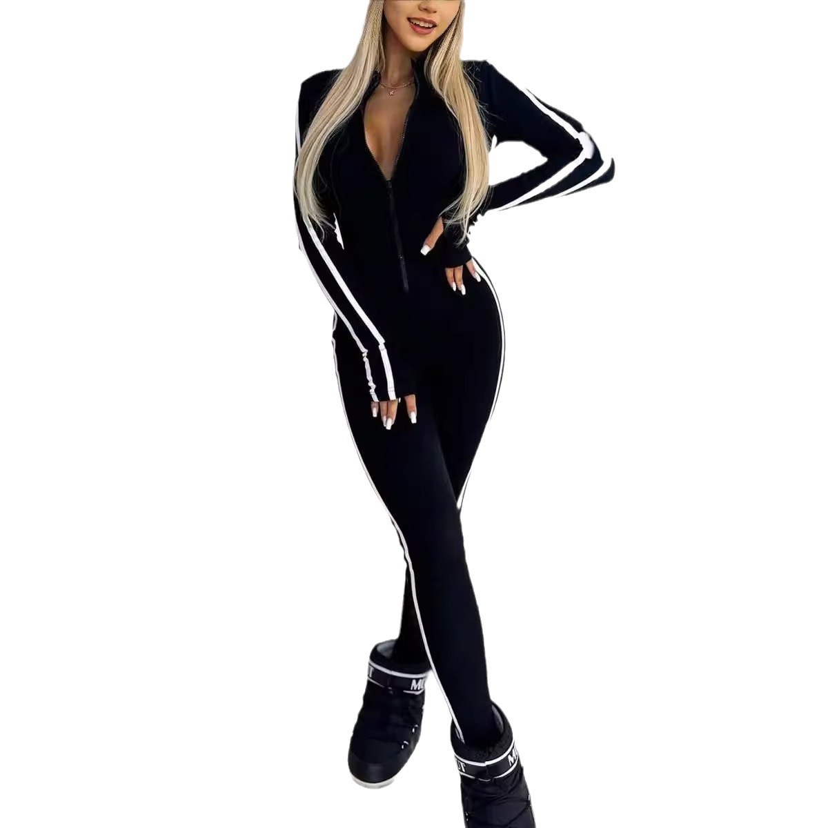 Women's Slim Fit Striped Half-Zip Bodysuit