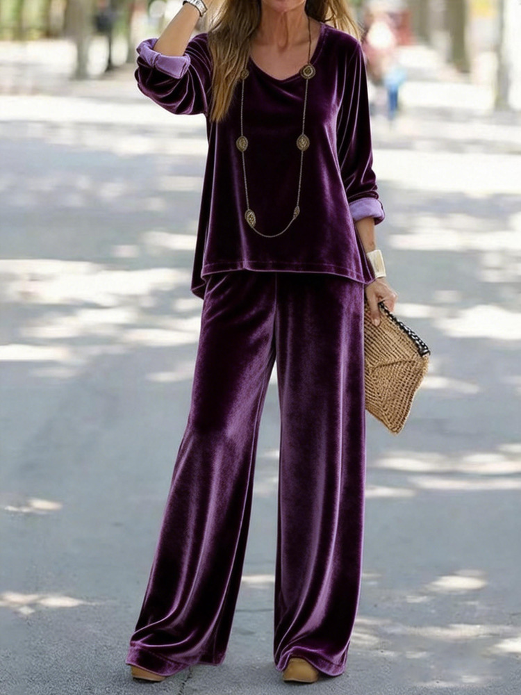 Women's Velvet V-Neck Long Sleeve Top and Pants Set Casual Multi-Color
