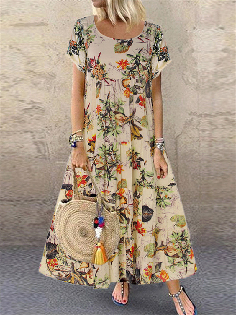 Women's Summer Short Sleeve Round Neck A-Line Midi Dress Cotton Linen Floral Print
