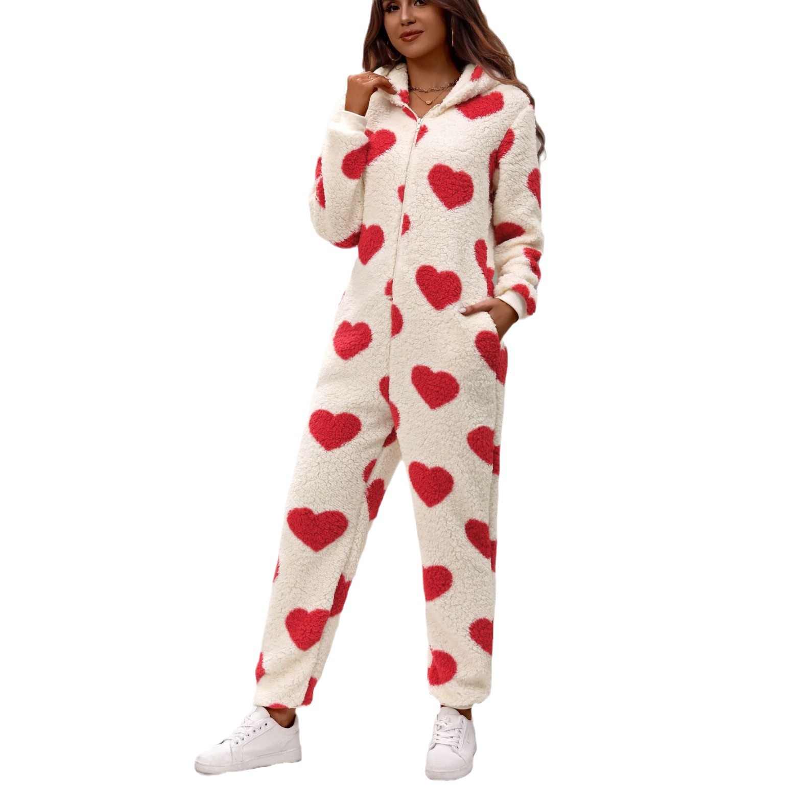 Fleece Heart Print Hooded Jumpsuit