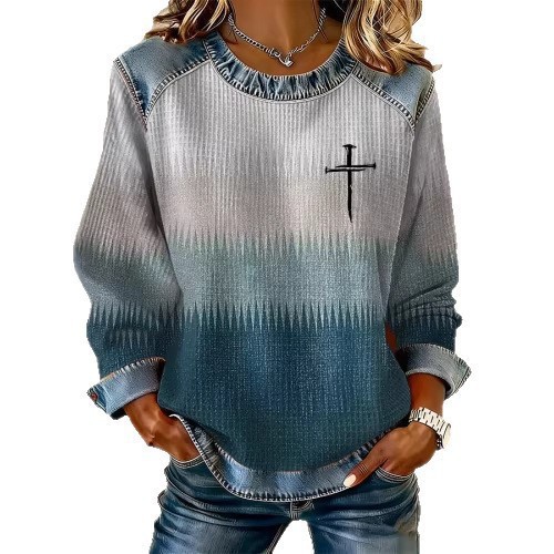 Women's Back Neck Slit Long Sleeve Crewneck Sweatshirt