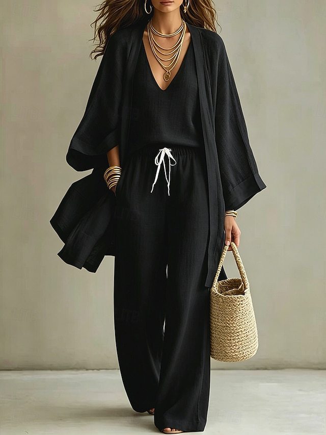 Women's Summer Solid Color Cotton-Linen 3-Piece Set: Open-Front Cardigan, Sleeveless Tank, Wide-Leg Pants