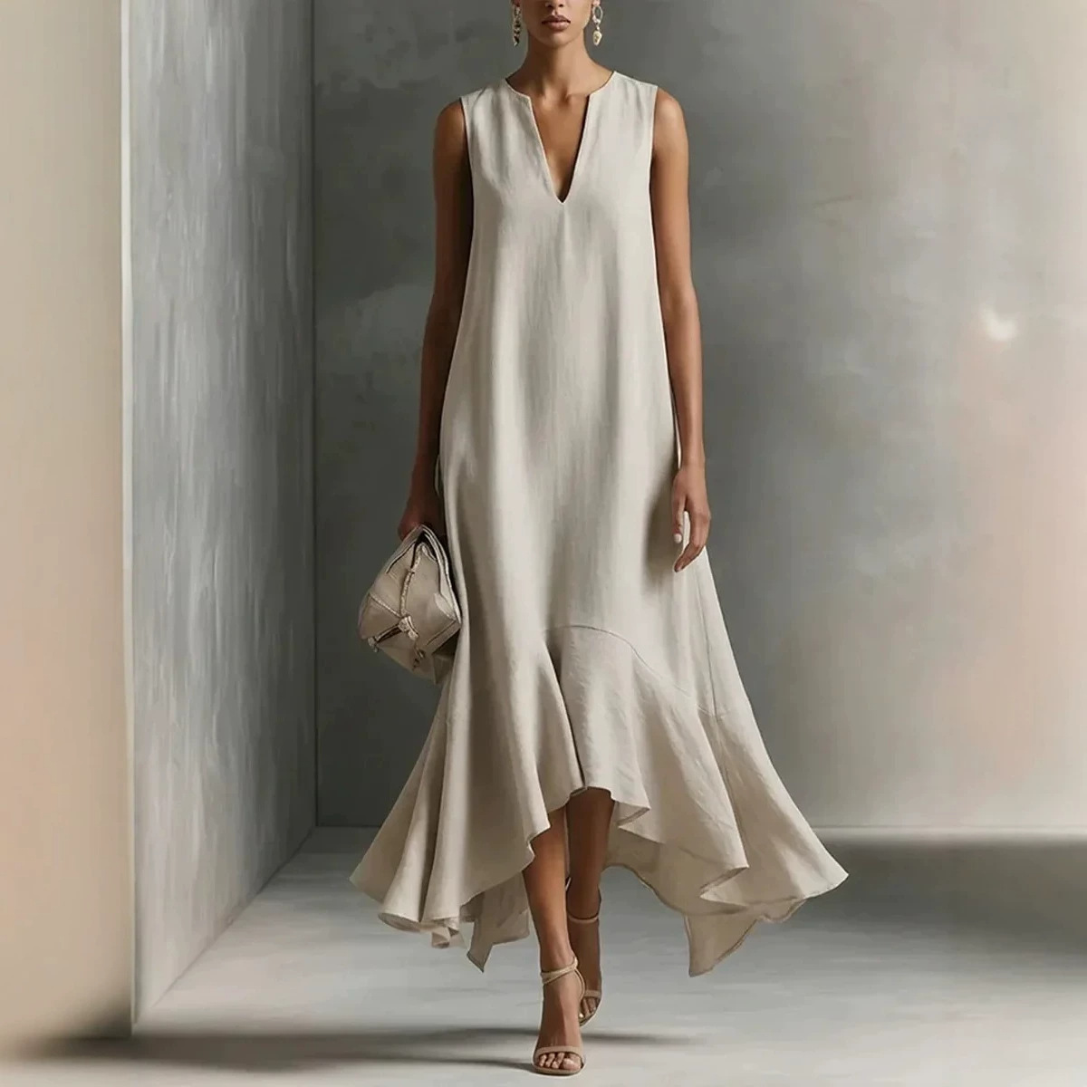 V-Neck Sleeveless Solid Color Asymmetrical Hem Long Dress