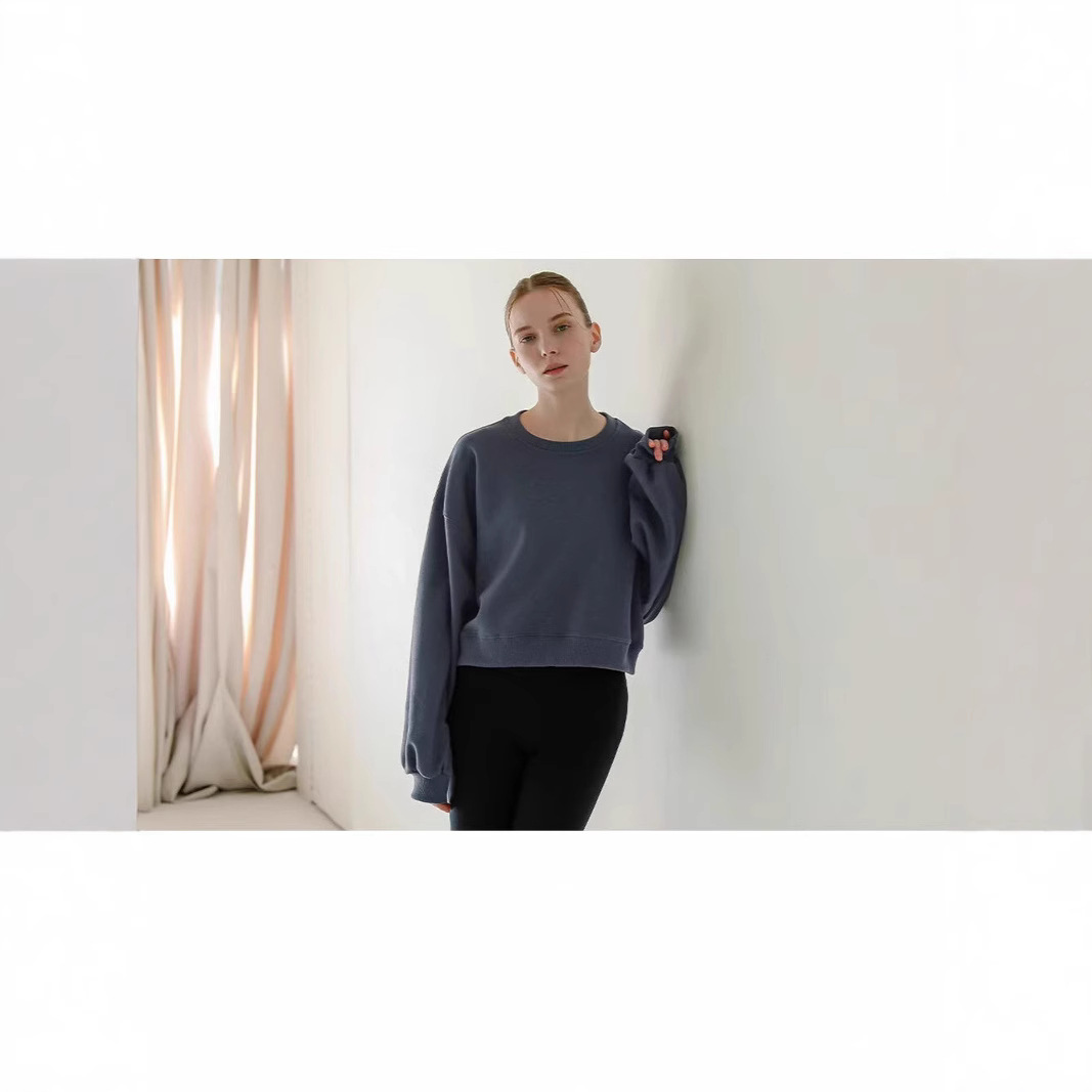 Women's Cropped Crewneck Pullover Sweatshirt Long Sleeve Yoga Fitness Top