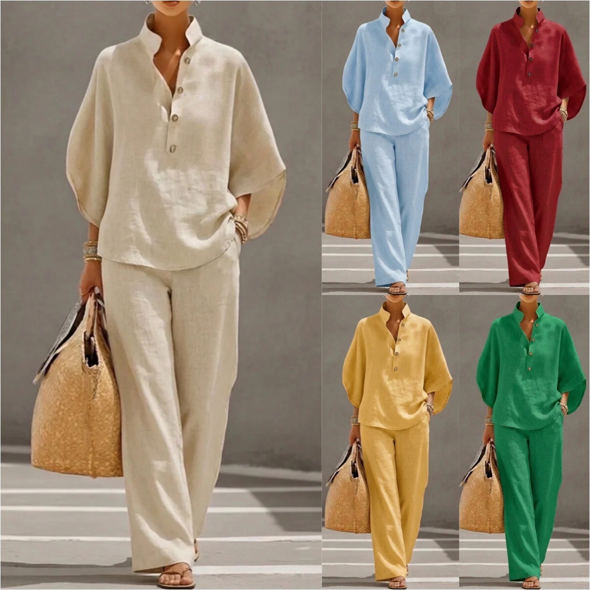 Women's Casual Shirt and Pants Set Solid Color Two-Piece Outfit