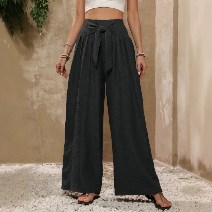 Women's High-Waist Tie-Front Wide-Leg Pants with Pockets